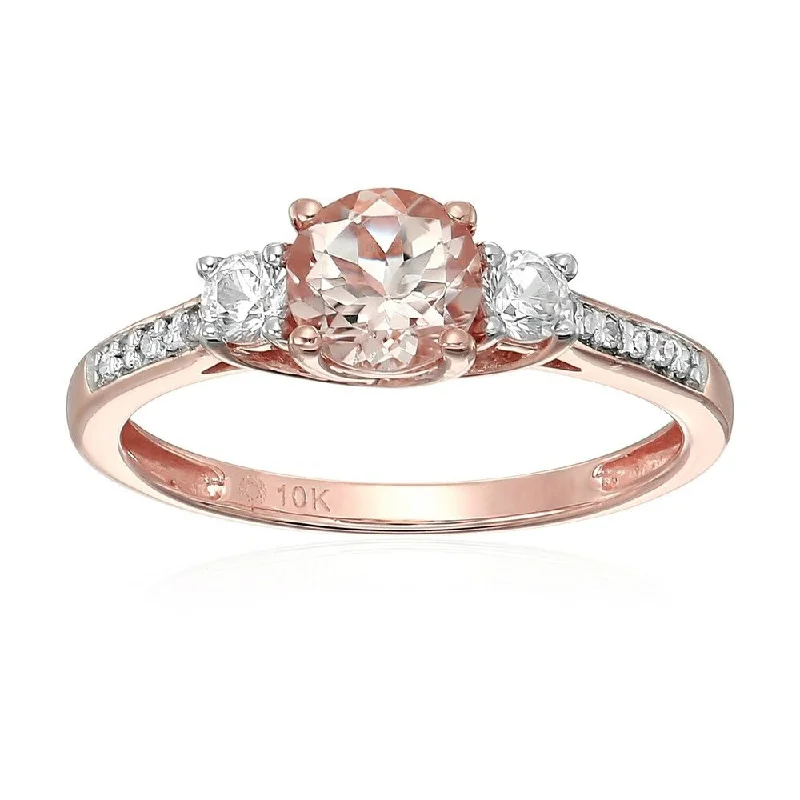 10k Rose Gold Morganite, Created White Shapphire and Diamond Accented 3-Stone Engagement Ring, Size 7