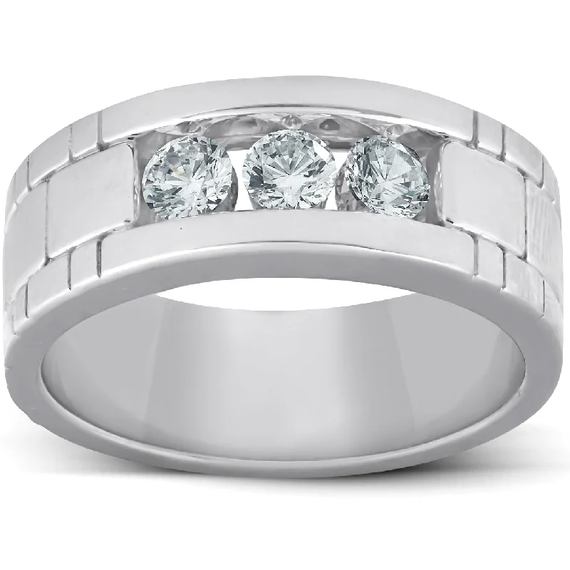 10k White Gold 1 Ct Three Stone Mens Heavy Weight Anniversary Ring