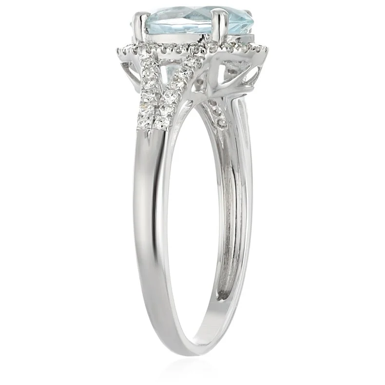 10k White Gold Aquamarine Diamond Halo Oval Engagement Ring, Size 7 - Blue