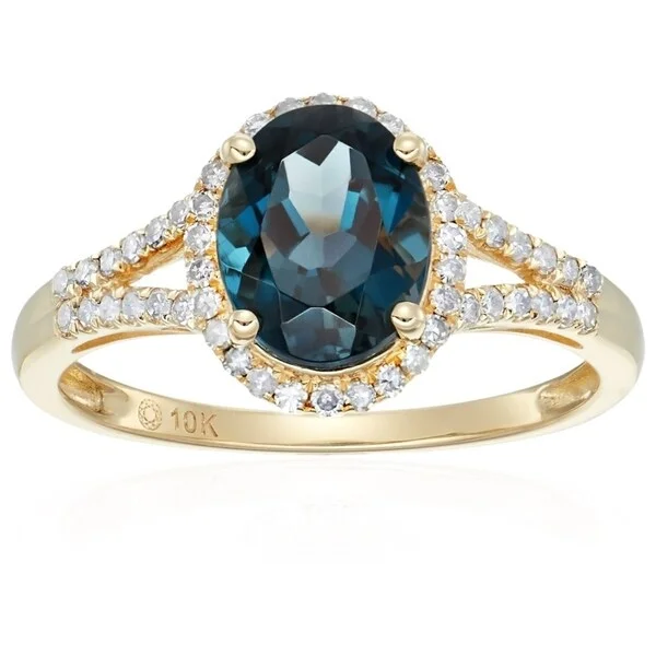 10k Yellow Gold London Blue Topaz Diamond Oval Engagement Ring, Size 7