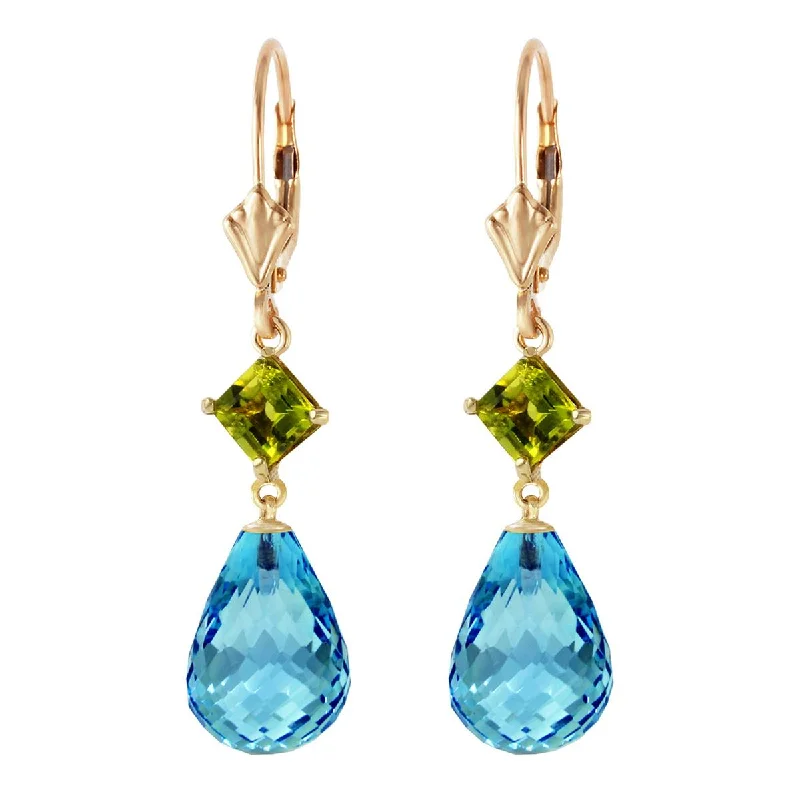 11 Carat 14K Solid Yellow Gold Panorama Blue Topaz Peridot Earrings