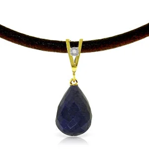 14.81 Carat 14K Solid Yellow Gold Leather Necklace Diamond Sapphire