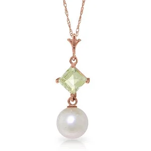 14K Solid Rose Gold Aquamarine & Pearl Necklace Gemstone