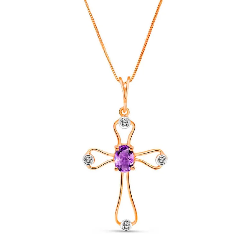 14K Solid Rose Gold Cross Necklace w/ Natural Diamonds & Amethyst