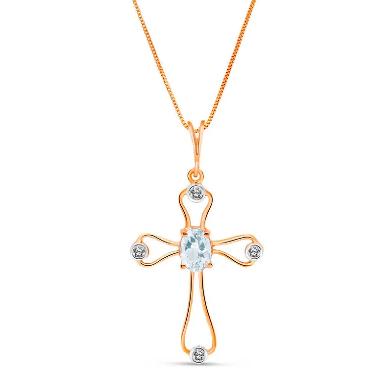 14K Solid Rose Gold Cross Necklace w/ Natural Diamonds & Aquamarine