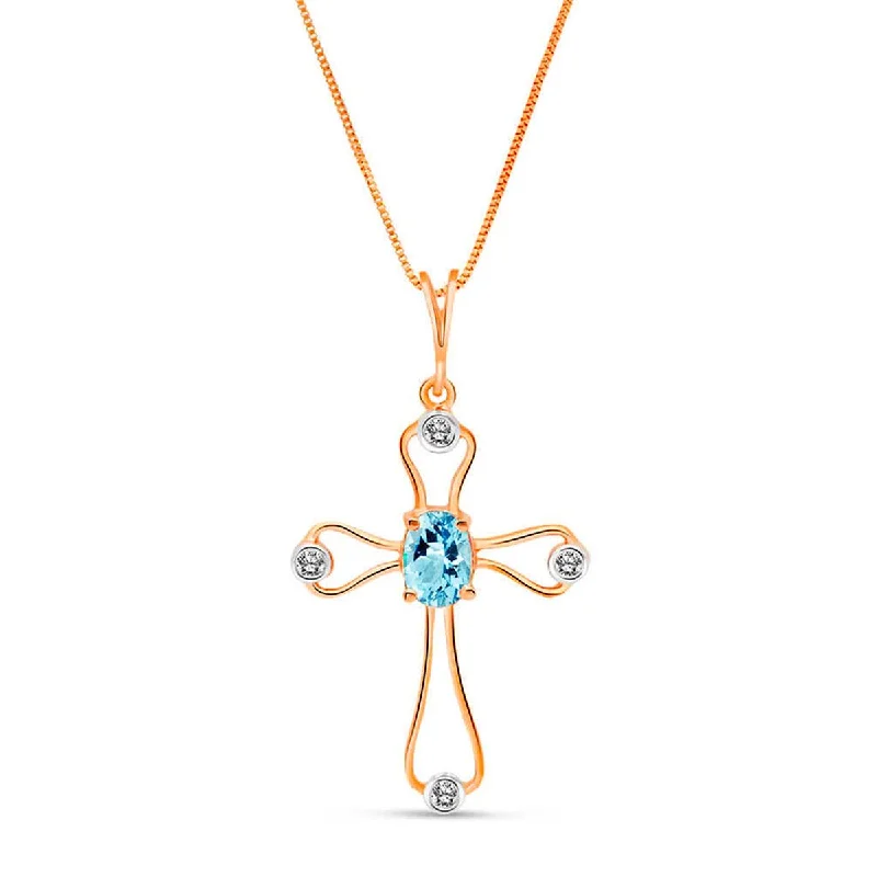 14K Solid Rose Gold Cross Necklace w/ Natural Diamonds & Blue Topaz