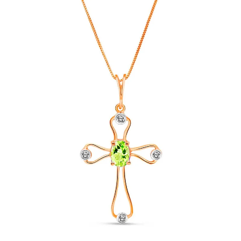 14K Solid Rose Gold Cross Necklace w/ Natural Diamonds & Peridot