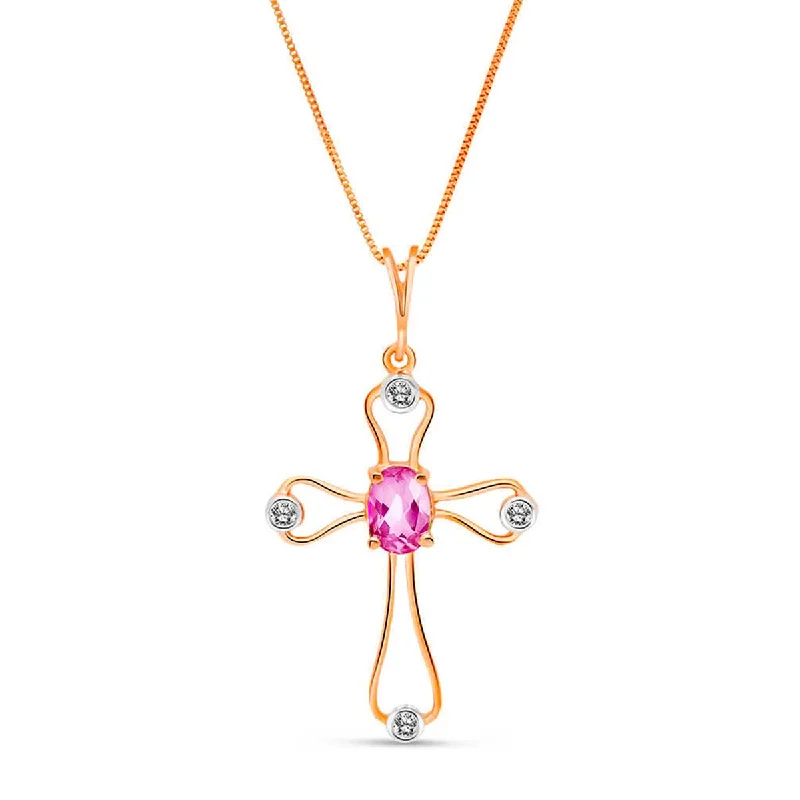 14K Solid Rose Gold Cross Necklace w/ Natural Diamonds & Pink Topaz