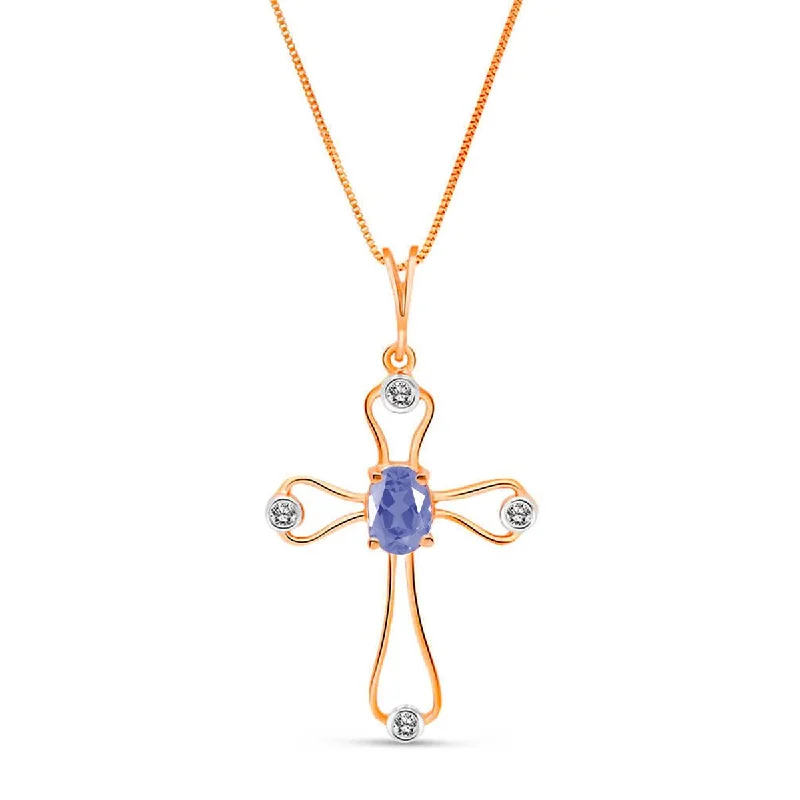 14K Solid Rose Gold Cross Necklace w/ Natural Diamonds & Tanzanite