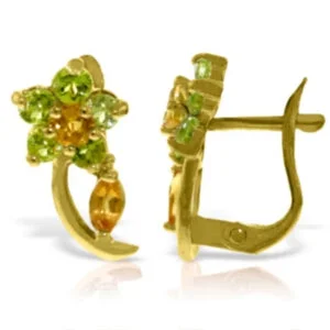 14K Solid Rose Gold Flowers Stud Earrings w/ Citrines & Peridot