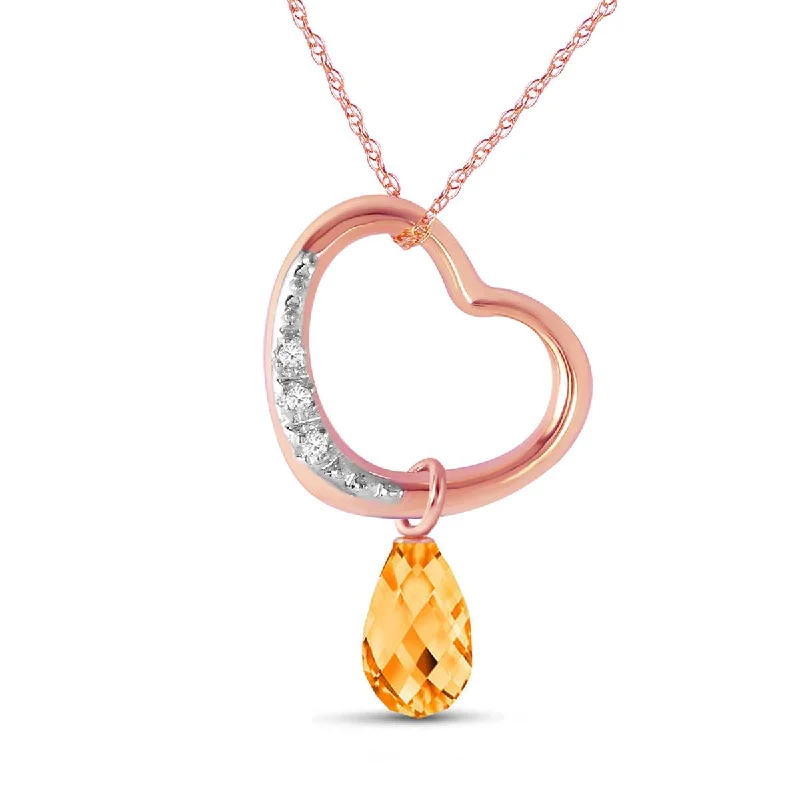 14K Solid Rose Gold Heart Natural Diamond & Citrine Necklace Gemstone