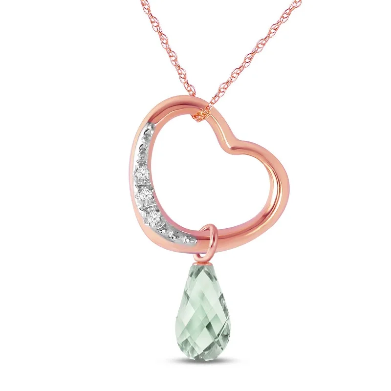 14K Solid Rose Gold Heart Natural Diamond & Green Amethyst Necklace Certified