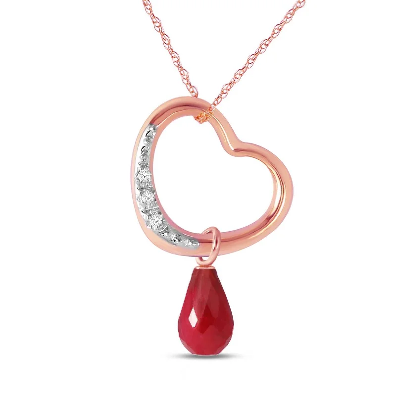 14K Solid Rose Gold Heart Natural Diamond & Ruby Necklace Gemstone