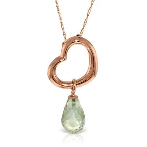 14K Solid Rose Gold Heart Necklace w/ Dangling Natural Green Amethyst