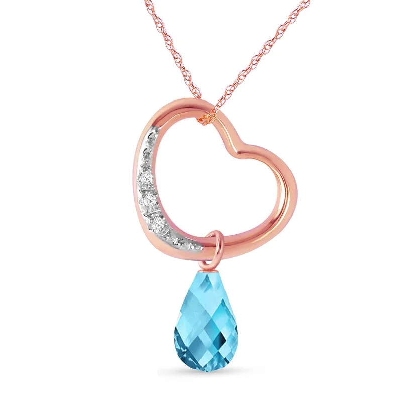 14K Solid Rose Gold Heart Necklace w/ Natural Diamond & Blue Topaz