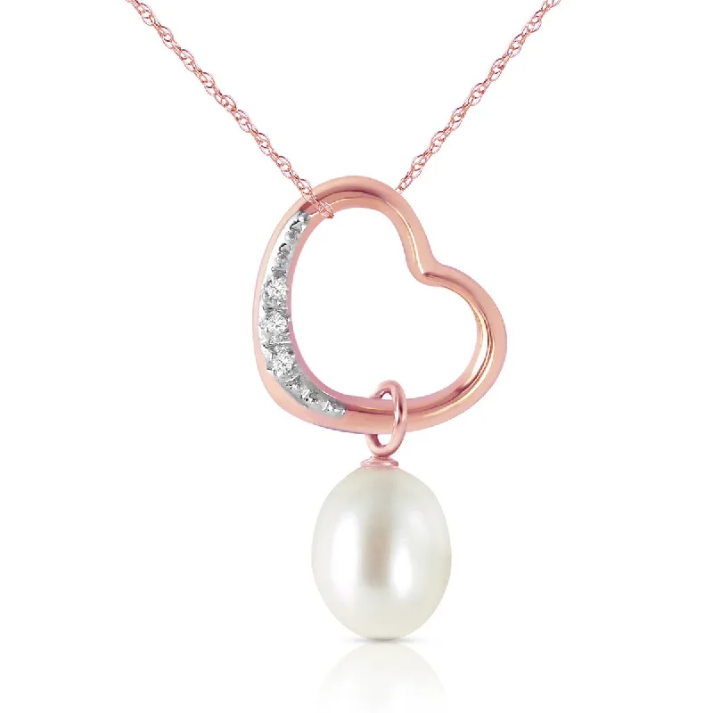 14K Solid Rose Gold Heart Necklace w/ Natural Diamond & Pearl