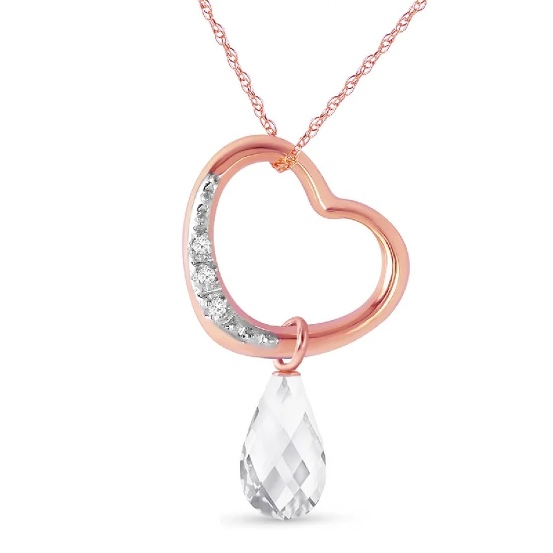 14K Solid Rose Gold Heart Necklace w/ Natural Diamond & White Topaz