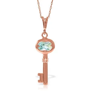 14K Solid Rose Gold Key Charm Necklace w/ Aquamarine