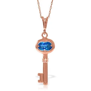 14K Solid Rose Gold Key Charm Necklace w/ Blue Topaz