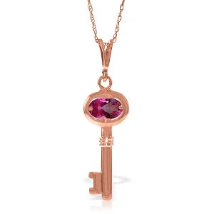 14K Solid Rose Gold Key Charm Necklace w/ Pink Topaz