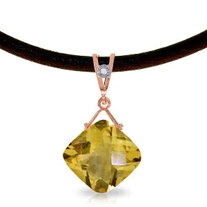 14K Solid Rose Gold & Leather Diamond/Citrine Necklace