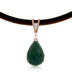 14K Solid Rose Gold & Leather Diamond/Emerald Necklace