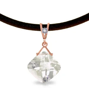 14K Solid Rose Gold & Leather Diamond & Rose Topaz Necklace