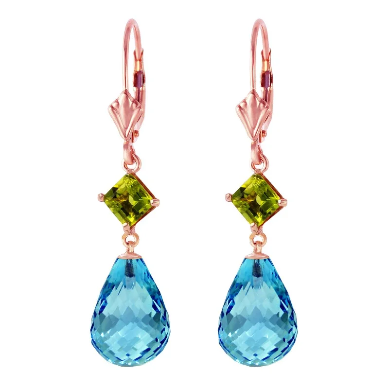 14K Solid Rose Gold Leverback Earrings Peridot & Blue Topaz Gemstone