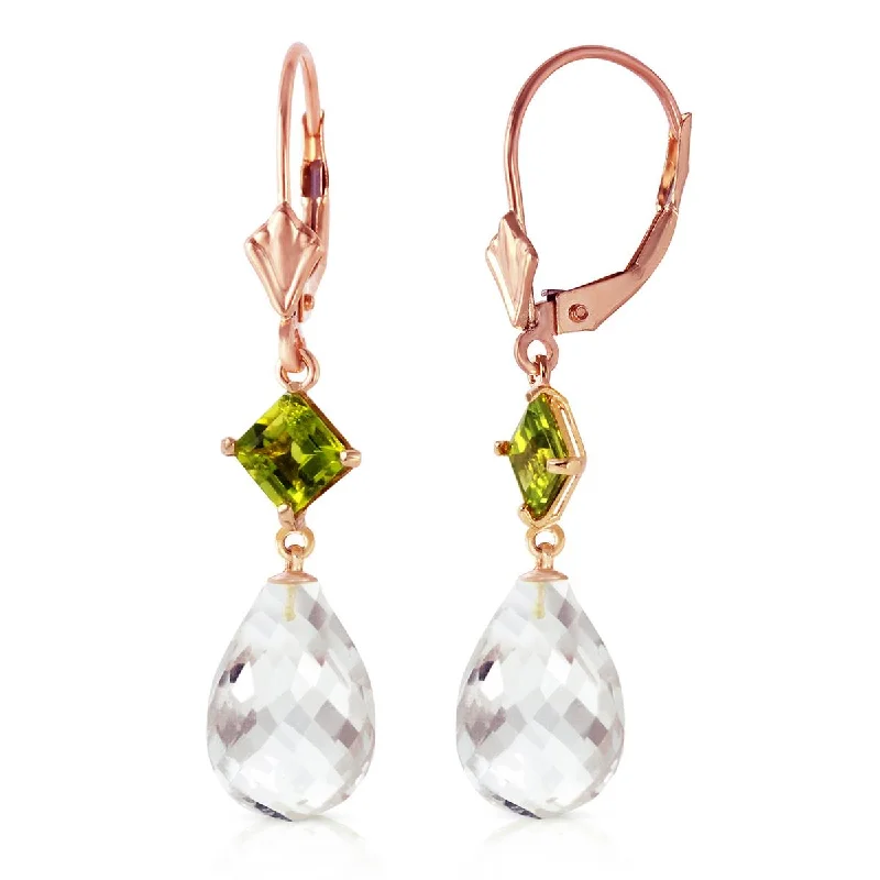 14K Solid Rose Gold Leverback Earrings w/ Peridot & Rose Topaz