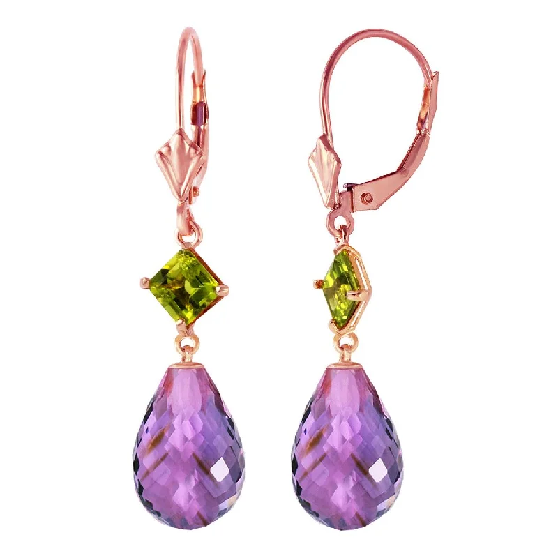 14K Solid Rose Gold Leverback Earrings w/ Peridots & Amethysts