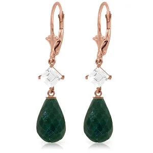 14K Solid Rose Gold Leverback Earrings w/ Rose Topaz & Emeralds