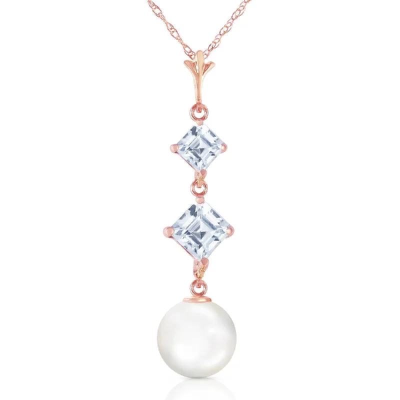 14K Solid Rose Gold Natural Aquamarines & Pearl Necklace