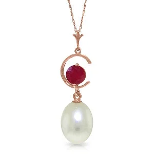 14K Solid Rose Gold Necklace w/ Natural Pearl & Ruby