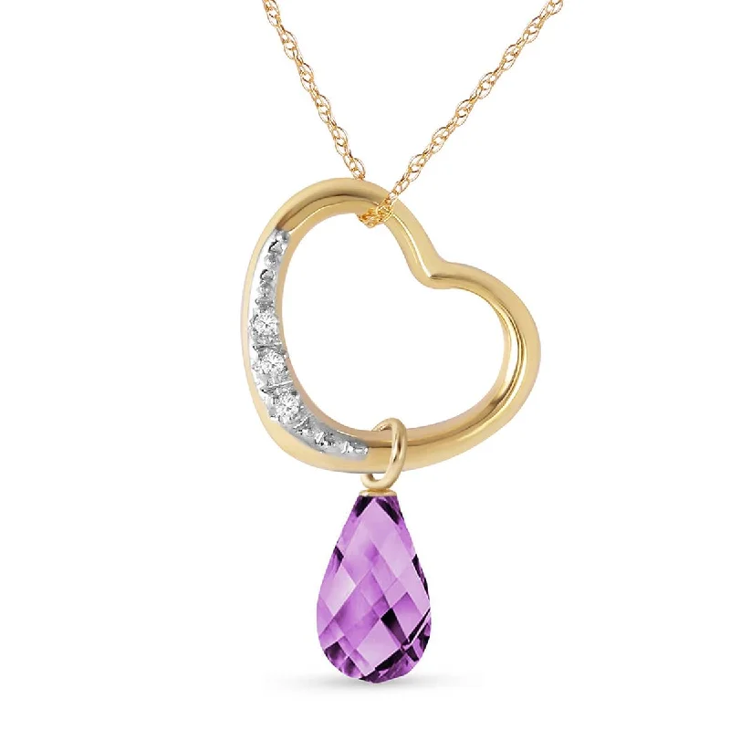 14K Solid Yellow Gold Heart Diamond & Amethyst Necklace