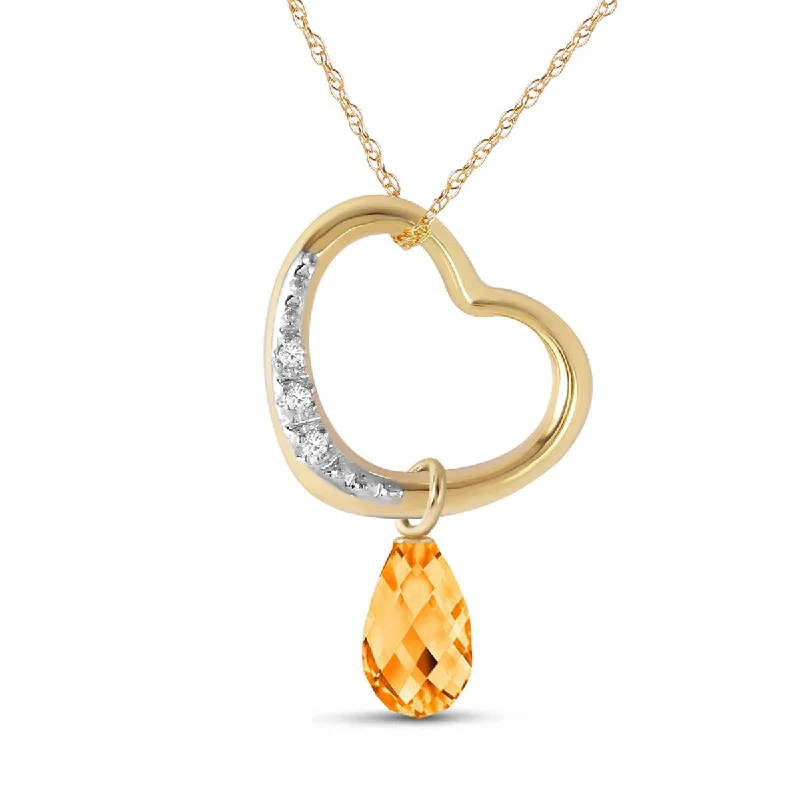 14K Solid Yellow Gold Heart Natural Diamond & Citrine Necklace