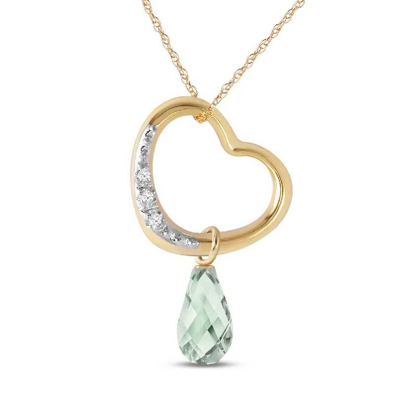 14K Solid Yellow Gold Heart Natural Diamond & Green Amethyst Necklace