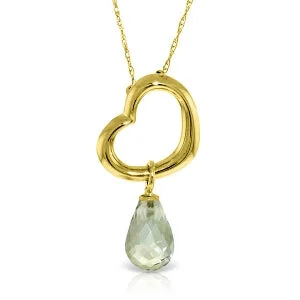 14K Solid Yellow Gold Heart Necklace w/ Dangling Natural Green Amethyst