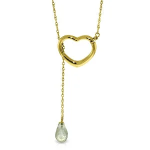 14K Solid Yellow Gold Heart Necklace w/ Drop Briolette Natural Green Amethyst