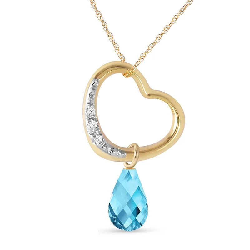 14K Solid Yellow Gold Heart Necklace w/ Natural Diamond & Blue Topaz