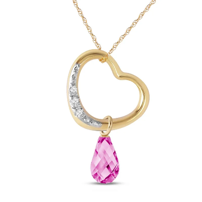 14K Solid Yellow Gold Heart Necklace w/ Natural Diamond & Pink Topaz