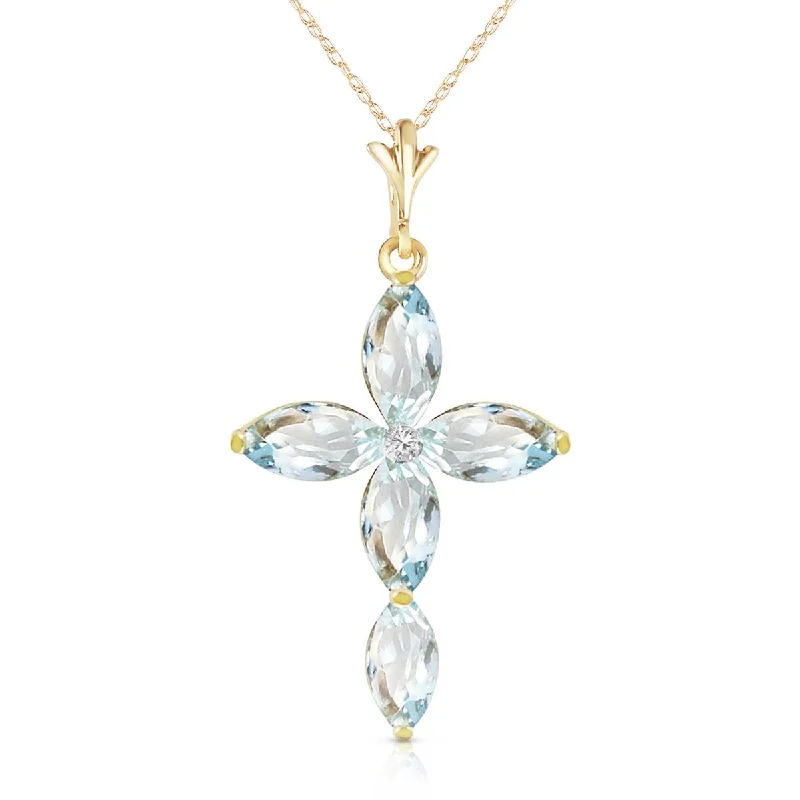 14K Solid Yellow Gold Necklace w/ Natural Diamond & Aquamarines