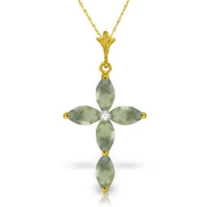 14K Solid Yellow Gold Necklace w/ Natural Diamond & Green Amethysts