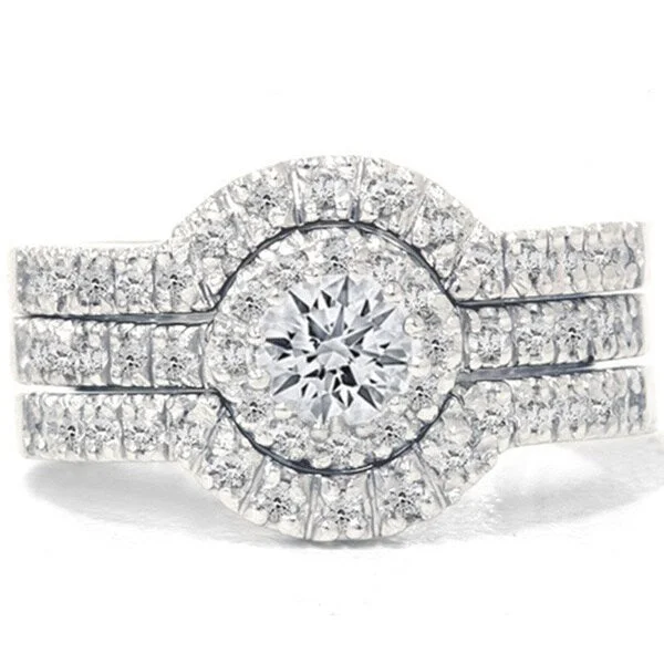 14k White Gold 1 1/4ct TDW Diamond Halo Bridal Ring Set