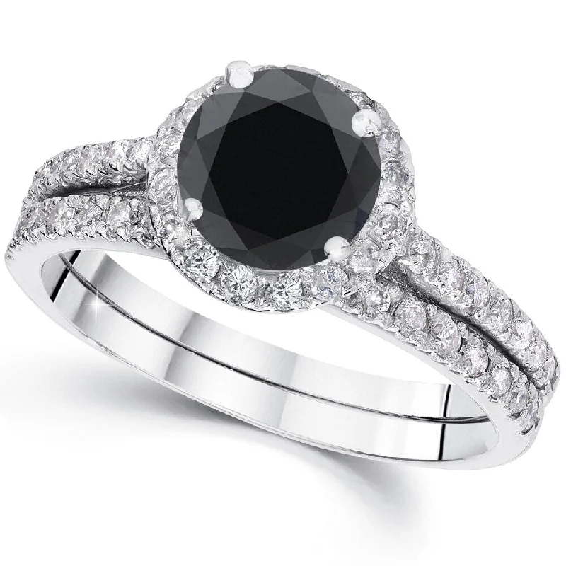 14k White Gold 2 1/2ct TDW Black Diamond Halo Engagement Wedding Ring Set