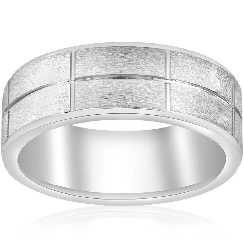 14k White Gold Mens Wedding Ring Mans Ring 8MM Wide Brushed Satin Finish 2mm Thick Comfort Fit