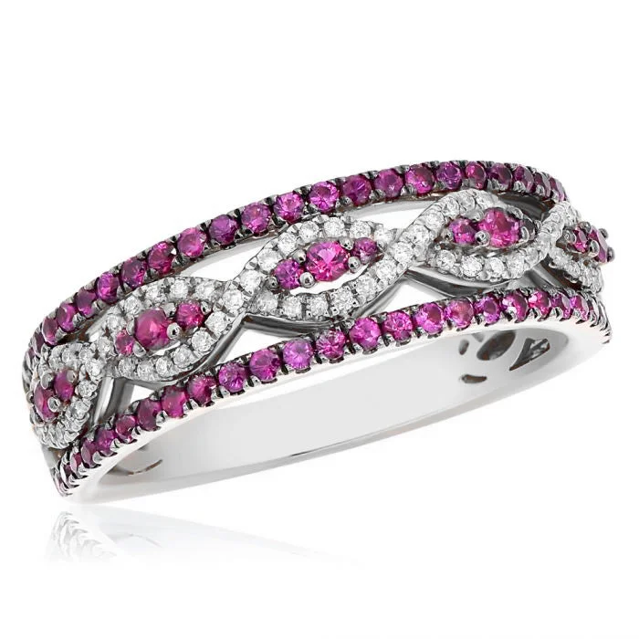 14KT WHITE GOLD RUBY RING FEATURES 0.56CT OF RUBIES AND 0.15CT OF DIAMONDS