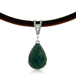 15.51 Carat 14K Solid White Gold Leather Necklace Diamond Emerald