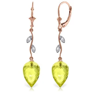 18.02 Carat 14K Solid Rose Gold Diamond Drop Lemon Quartz Earrings