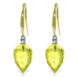 18.1 Carat 14K Solid Yellow Gold Fish Hook Earrings Diamond Lemon Quartz