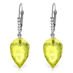 18.15 Carat 14K Solid White Gold Drop Briolette Lemon Quartz Diamond Earrings